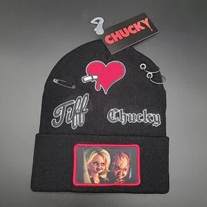 Childs Play Chucky & Tiffany Black Beanie Hat Horror Grommet Accents Cap Tiff - Picture 1 of 7