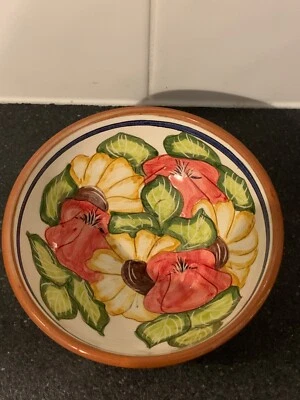Spanish Pottery Bowl Bright Vivid Colours Floral Design - Image 1 of 4