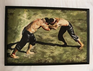 Large oil painting on canvas of "Turkish Wrestlers" at Kirkpinar - Picture 1 of 4