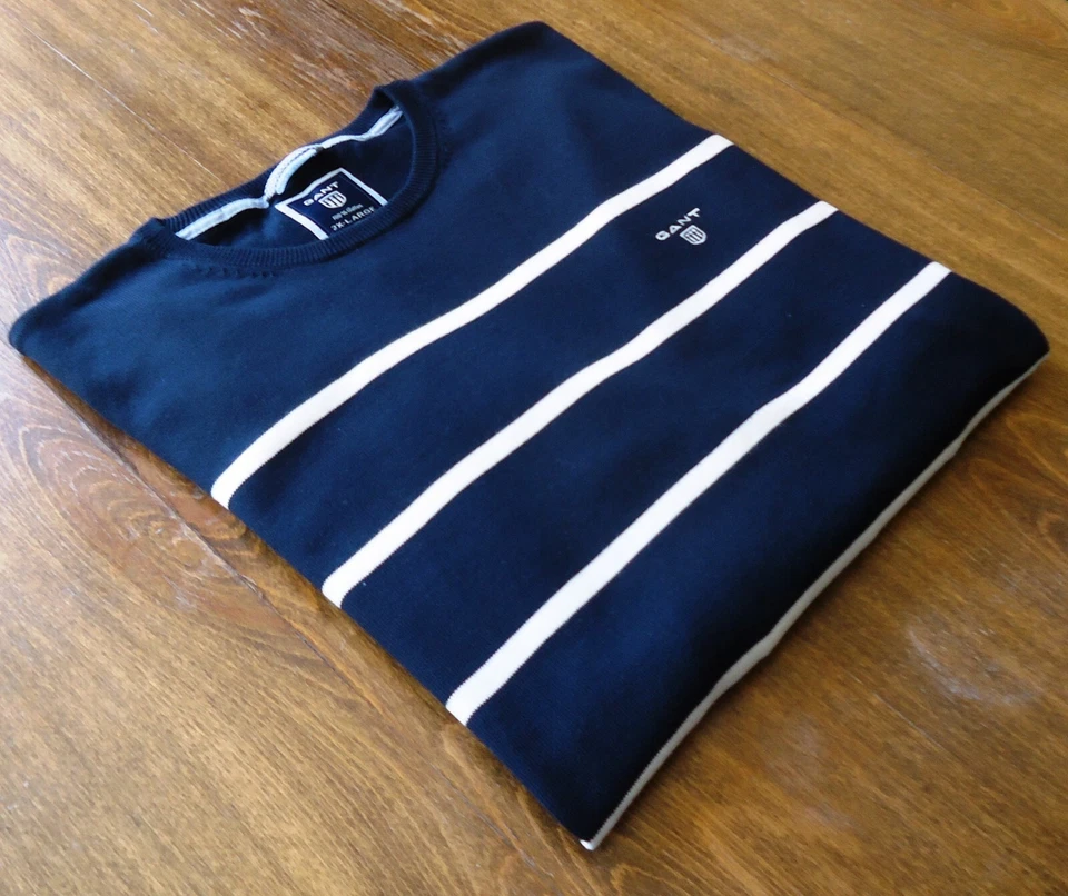 Pull homme col rond 100% coton bleu et blanc GANT taille 2XL NEUF - Photo 1/4