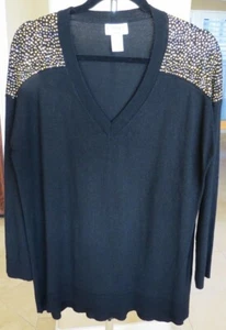 Carmen Marc Valvo Gr. XL dunkelblau V-Ausschnitt Viskose/Nylon Pullover Pulli, goldene Nieten - Bild 1 von 5