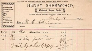 1901 HENRY SHERWOOD*DISTRIBUIDOR DE PAPEL*BLOQUE DE QUEMADURAS*SENECA ST*PENN YAN*NUEVA YORK*RECIBO - Imagen 1 de 1