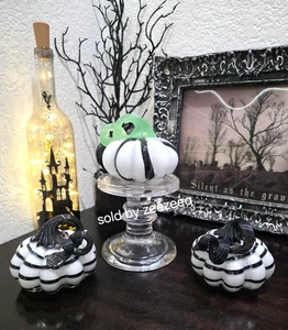 Martha Stewart Handblown Glass Curly Stem Pumpkins Fall Green Black White Set 3 - Picture 1 of 5