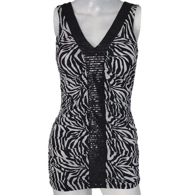 Charlotte Russe Blouse Women XS Black White Zebra Sequins Ruched Stretch - Image 1 of 4