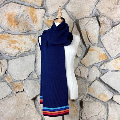 "Bufanda deportiva de lana merino Tory Burch azul marino a rayas | 82""" Foto 1 de 3