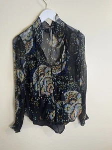 Anthropolgie Women’s Black Colorful Sheer Peasant Ruffle Blouse Lined Size Small - Picture 1 of 7