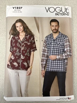 UNCUT Vogue V1827 Unisex Shirt Buttons Up  A (S-M-L-XL-XXL) Sewing Pattern $32 - Image 1 of 3
