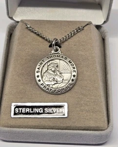 Vintage CHAPEL Saint Thomas More Sterling Silver Medallion Necklace 24"  - Picture 1 of 8