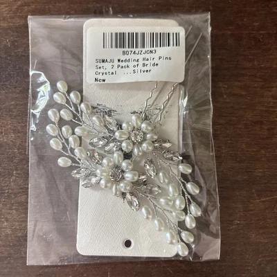 2 Pack Silver Faux Pearl & Crystal Rhinestone Bride Wedding Hair Pins Bridal - Image 1 of 4