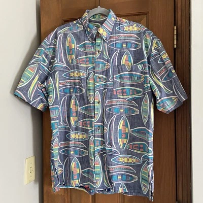 复古 Newport 蓝色衬衫男式中号棉冲浪板冲浪者新奇印花 — 第 1/4 张图片