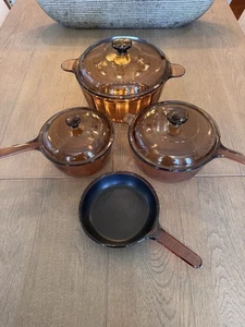 Vintage Vision Corning Ware Pyrex Braunglas Kochgeschirr 7-teiliges Set USA & Frankreich NEUWERTIG - Bild 1 von 14