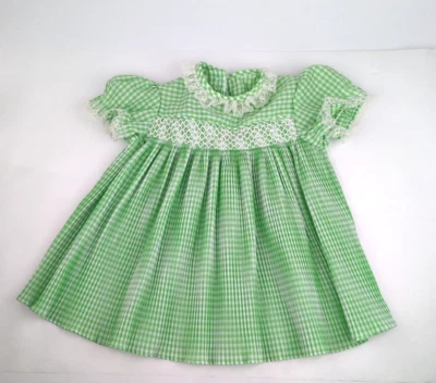 Vtg Sears Green Checkered Smocked Toddler Dress Size Small Lace Collar No Label - Image 1 of 4