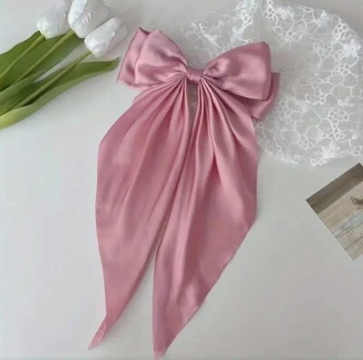 Blush Pink Satin Stylish Bow Big Ribbon Hair Clip Tie All Hair Types Non Slip - Image 1 of 4