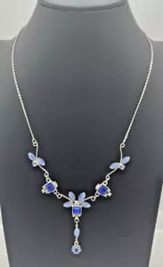 Dark & Light Blue Silver Tone Floral Pendant Necklace 19" Unmarked - Picture 1 of 2