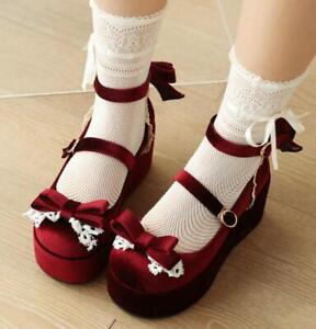 Womens Platform High Heels Buckle Cotton Wedge Bow Knot Shoes Lolita Sweet New