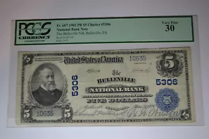 Belleville, PA - $5 1902 Plain Back Fr. 607 The Belleville NB Ch. # 5306. PCGS - Picture 1 of 4