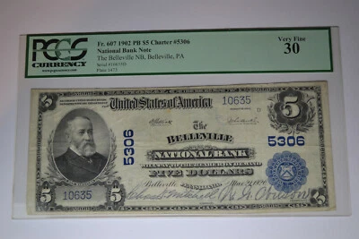 Belleville, PA - $5 1902 Plain Back Fr. 607 The Belleville NB Ch. # 5306. PCGS  - Image 1 of 4