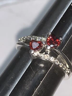 STERLING SILVER 925 Double HEART Lab CREATED Ruby  SOLITAIRE RING SIZE: 7 (6-3/4 - Image 1 of 4