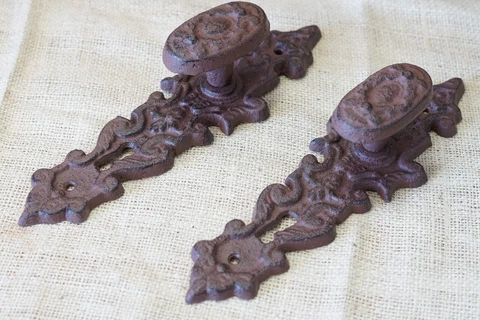 2 Cast Iron LARGE Antique Style FANCY Barn Handle Gate Pull Shed Door Handles Cover