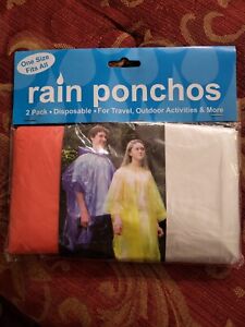 Rain Ponchos -Disposable 2 Count Package. One size fits all. Red, White Colors 