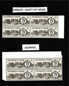 GB SG 664 MISTAKE ERROR 1965 PARLIAMENT 2/6- BLOCK OF 4 MNH SHIFT ON HEAD - Picture 1 of 2