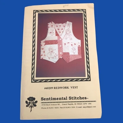 Sentimental Stitches Sewing Embroidery Pattern #40209 "Redwork Vest" 1998 UNCUT - Image 1 of 3
