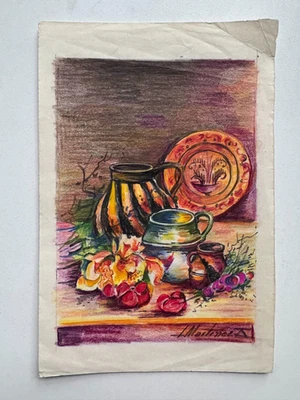 Vintage Drawing 1960's  Mexico Food Table Colored Pencil Paper 8. x 5.5 OOAK - Image 1 of 4