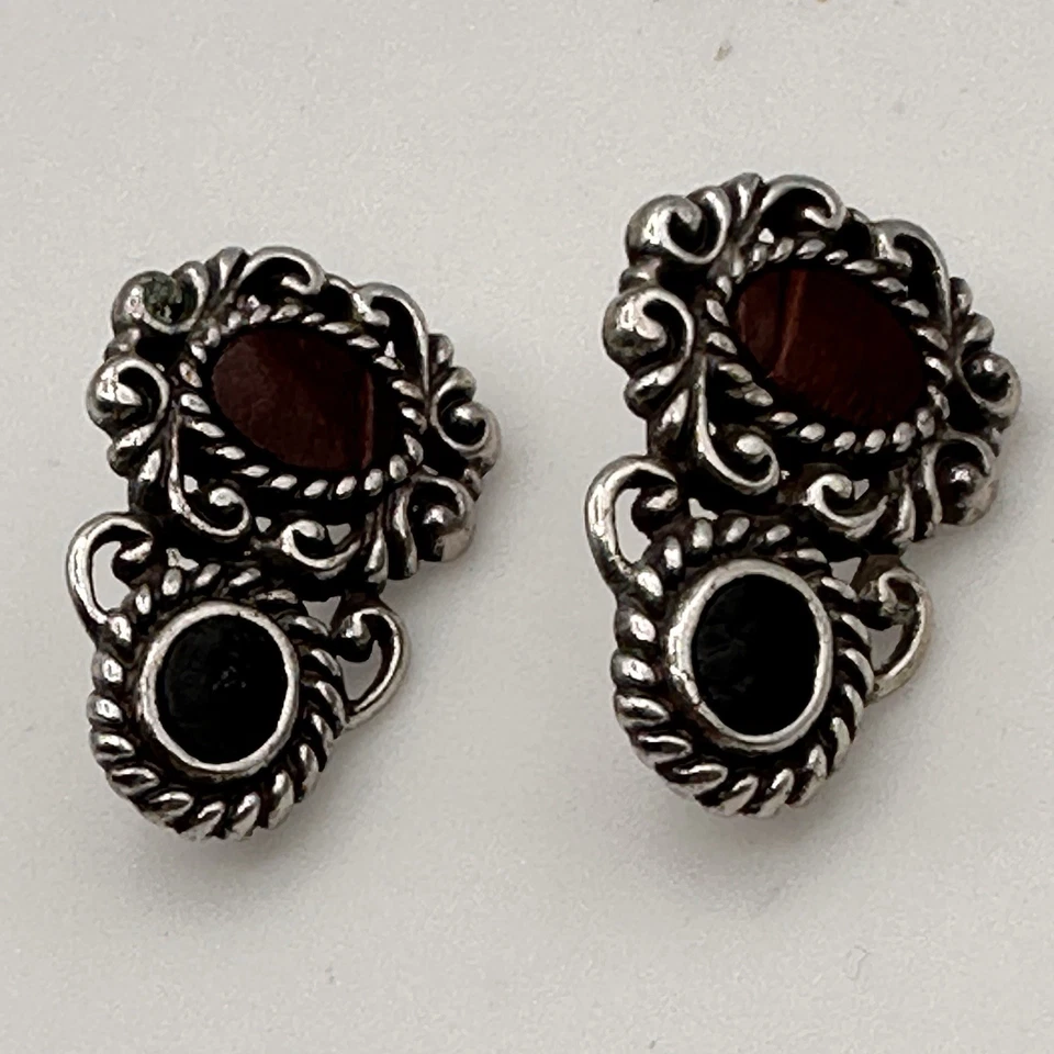 Brighton Leonardo Earrings Silver Filigree Leather Cabochon Croc Embossed - Image 1 of 4