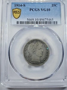 1914-S Barber Quarter - PCGS VG10 True View Gold Shield Spot - Picture 1 of 5