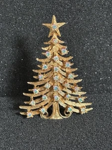 Vintage Mylu Gold Plated AB Rhinestone Christmas Tree Holiday Brooch Pin Jewelry - Picture 1 of 5
