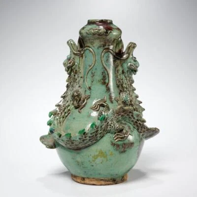 Antique Chinese Celadon Green Double Dragon Vase Bottle Vessel 10.5"h - Image 1 of 4
