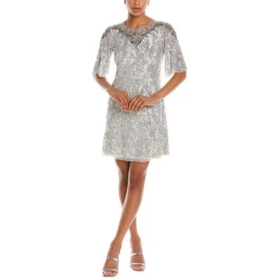 Nuevo con etiquetas Vestido de Cóctel Aidan Mattox Trapecio Completamente Cuentas en Plateado Talla 6 Precio de venta sugerido por el fabricante $395 Foto 1 de 4