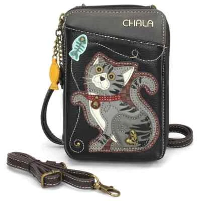 New Chala Wallet Crossbody Pleather Organizer Phone Bag GRAY TABBY CAT Black gif - Image 1 of 4