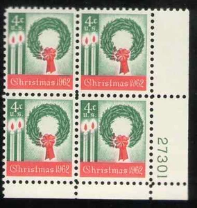 US. 1205. 4c. Wreath & Candles, Christmas. Shiny Gum. PB4 27301 LR. MNH. 1962 - Picture 1 of 2