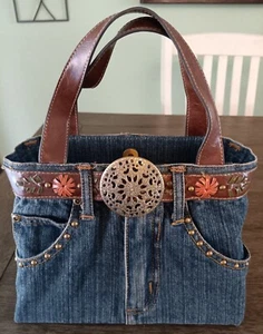 Vintage Blue Jean Pants Purse Bag w/ Decorative Belt & Buckle 10" Wide CUTE!! - Picture 1 of 11