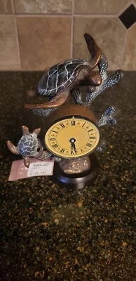 Stunning Brass Frame Marble Base Coastal Turtle Tabletop Clock Home Decor - Image 1 of 4