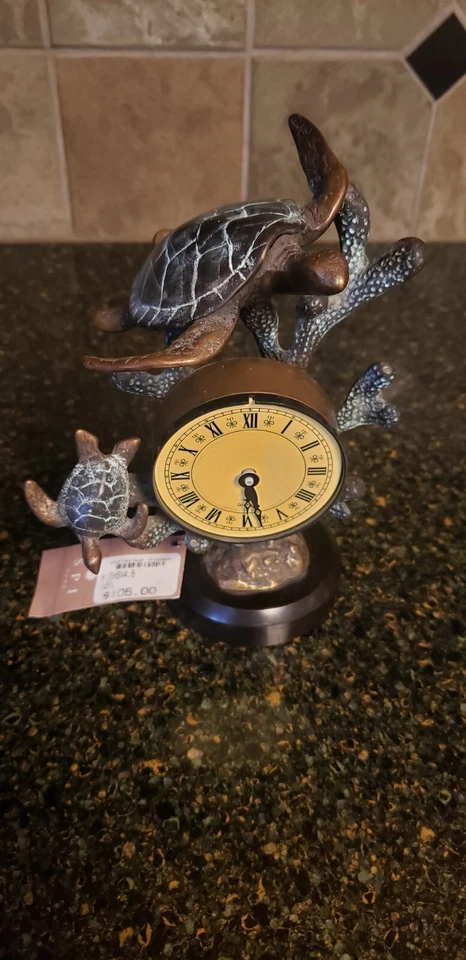 Stunning Brass Frame Marble Base Coastal Turtle Tabletop Clock Home Decor - Image 1 of 4