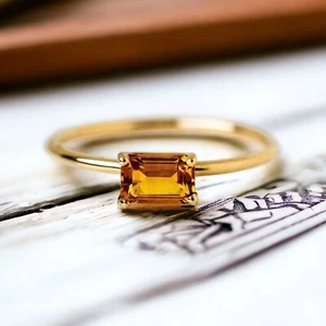 Vintage Citrine Engagement Ring 14k Solid Yellow Gold Dainty Gold Baguette Gem - Picture 1 of 8