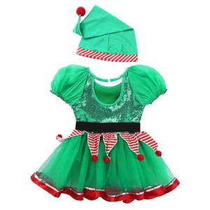 Kids Girls Dance Leotard Cosplay Xmas Dress Elf Christmas Costume With Hat Mesh - Picture 1 of 12