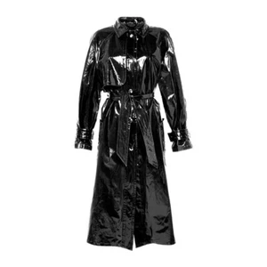 Women’s Black Gothic Trench Coat – Shiny Vinyl PVC Faux Leather Emo Long Jackets - Picture 1 of 3