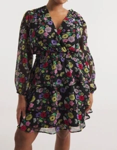 SIMPLY BE LADIES BLACK FLORAL TIERED WRAP SKATER DRESS NEW (ref 464) SALE - Picture 1 of 4