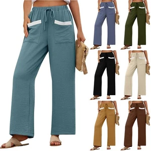 Womens Palazzo Pants Summer Casual Flowy Wide Leg Trousers Beach Travel Outfits - Picture 1 of 8