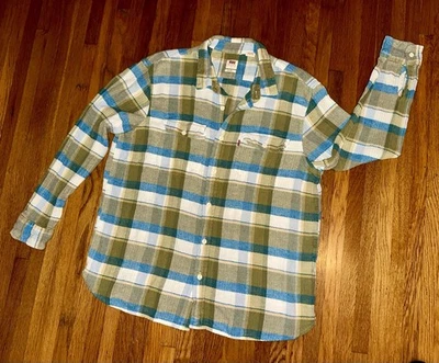 Camisa Levis Relajada Azul y Verde a Cuadros L/S Abotonada Algodón y Cáñamo Para Hombre Talla L” Foto 1 de 4
