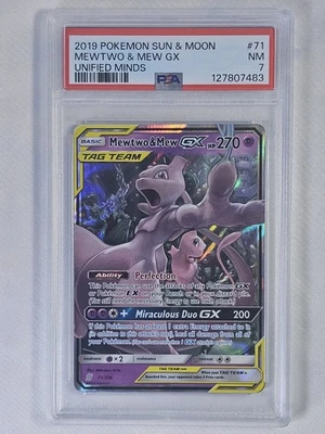 2019 POKEMON SUN & MOON UNIFIED MINDS #71 MEWTWO & MEW GX PSA 7 NM - Image 1 of 2