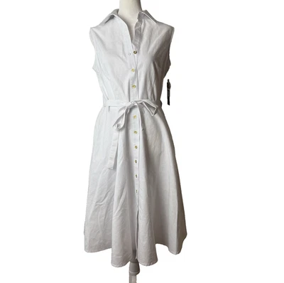 NEW Sharagano Sleeveless Shirt Dress Size 4 Button Up Cotton Blend White Belted - Image 1 of 4