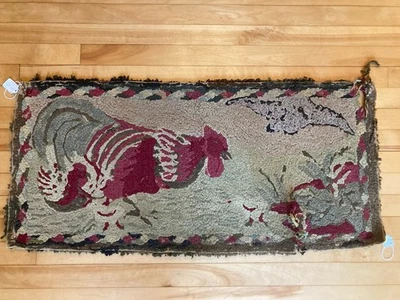 Rooster! Antique vintage decorative Primitive American hooked rug As Is - Image 1 of 4