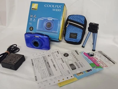 Nikon COOLPIX W100 Waterproof Digital Camera Blue 2x Optical Zoom w/ Case Tripo - Image 1 of 4