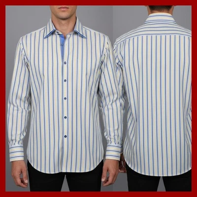 Coogi Classic Shirt Men 32/33 Button Up Long Sleeve Stripe Blue Yellow Contrast - Image 1 of 4