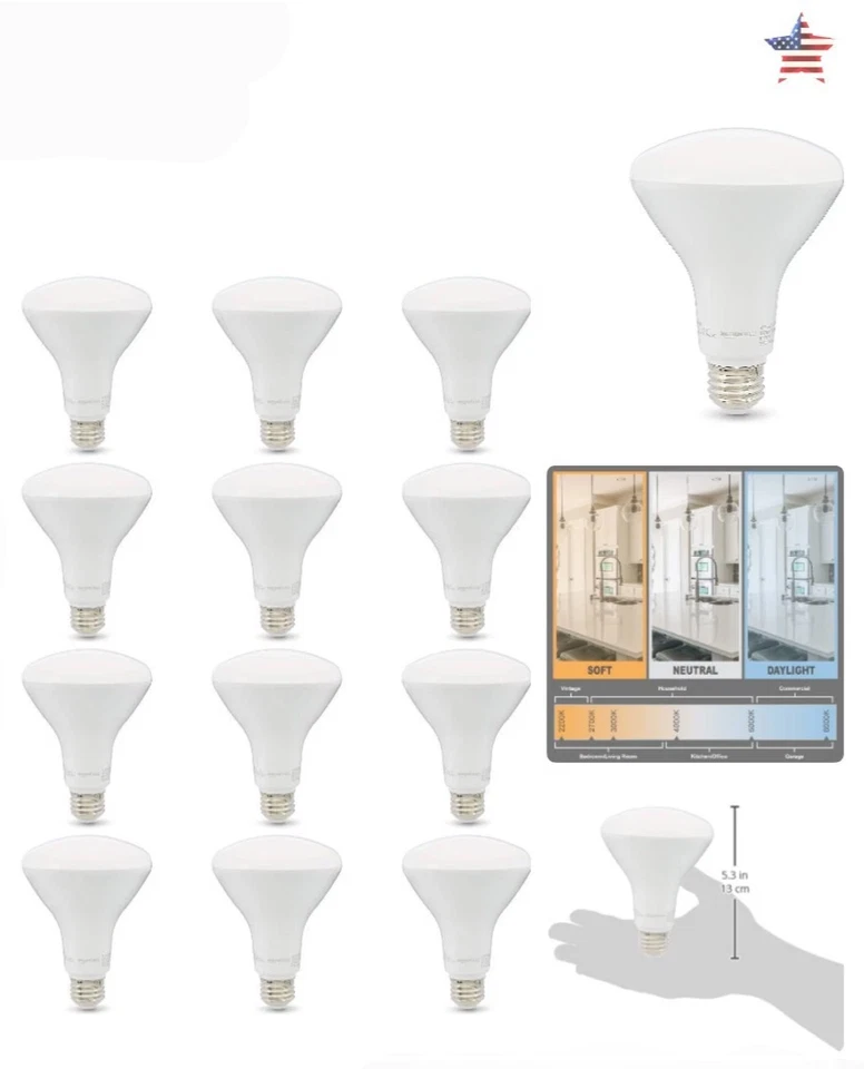 12 Pack - BR30 LED Light Bulbs - 65 Watt Equivalent, Soft White, Dimmable - Image 1 of 1