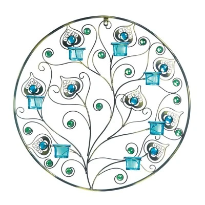 VELADOR PARED CIRCULAR PLUMAS PAVO REAL DECORACIÓN ILUMINACIÓN HOGAR APLIQUE Foto 1 de 3